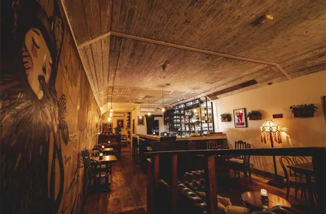 A long narrow room with a rough timber-boarded ceiling and dark floorboards, lit low and warm. A large hand-drawn mural of a woman's face with closed eyes covers the left wall; the right wall holds framed pictures, wall-mounted planters and a stained-glass lamp. Small tables with metal chairs line one side, leading to a bar backed by shelves of bottles, with a buttoned leather sofa in the foreground.