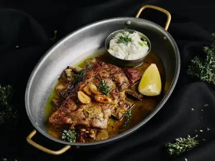 An oval metal pan with brass handles holding a browned, herb-crusted cut of meat on the bone in golden juices, with whole roasted garlic cloves, thyme sprigs, a lemon wedge and a small cup of thick white herbed yoghurt. The pan rests on rumpled black cloth scattered with loose thyme and oregano.