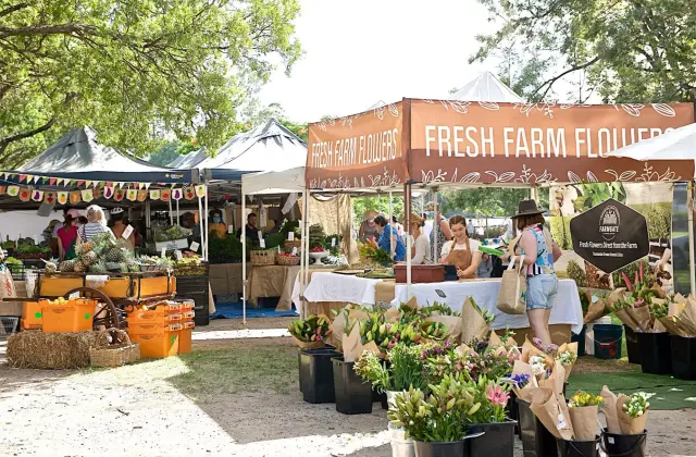 Buckets of wrapped flower bunches in the foreground of a market stall under an orange marquee printed "FRESH FARM FLOWERS", with shoppers browsing produce trestles under trees behind.