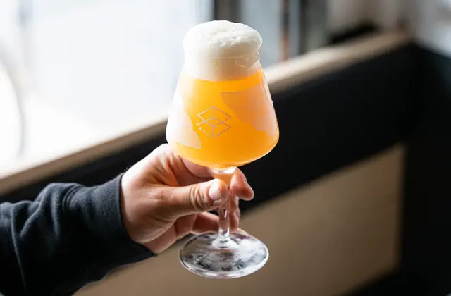 A hand in a black sleeve holding up a stemmed tulip glass of hazy orange beer with a thick white head, etched with a small diamond-shaped mark, in front of a bright window and a black banquette.