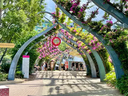 The Grand Arbour walkway — a long run of curved steel arches covered in flowering magenta bougainvillea — with people strolling the shaded path beneath it.