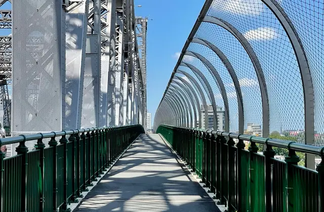 The bridge's pedestrian path running between a dark green iron railing and the grey riveted steel of the truss, with tall wire-mesh hoops arching over the walkway and the city visible through them.