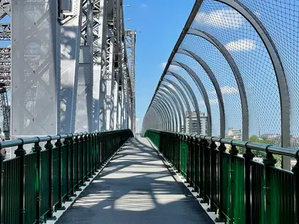 The bridge's pedestrian path running between a dark green iron railing and the grey riveted steel of the truss, with tall wire-mesh hoops arching over the walkway and the city visible through them.