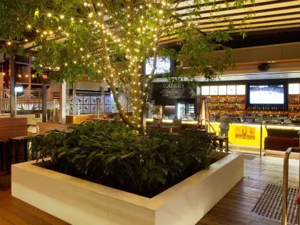 The beer garden at night: a tree strung with fairy lights growing from a raised white planter box on a timber deck, gas patio heaters and bar stools to one side, and a lit spirits bar with television screens and red banquette booths to the other.