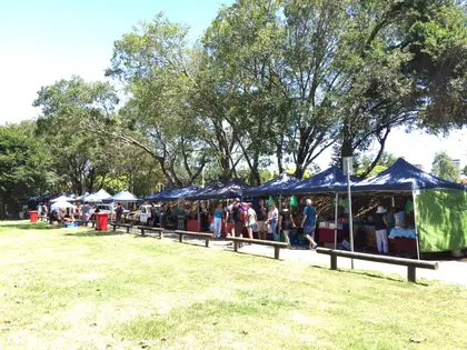 A row of navy market marquees pitched on grass under big shade trees, with shoppers walking the line of stalls past produce crates and trestle tables.